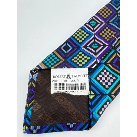 Robert Talbott Silk Tie Geometric Squares Pattern Purple Blue Green - Picture 4 of 6